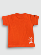 Vibrant orange boys' short-sleeve T-shirt featuring a large white and red graphic print that reads 'DESIRE' and 'For Success Full Living'.