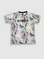 Boys' short-sleeve T-shirt featuring a cream, blue, and maroon marble-like print with the black text 'ULTIMATE' across the chest.